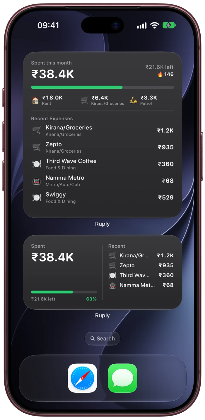 Ruply large and medium widgets with the month and recent expenses
