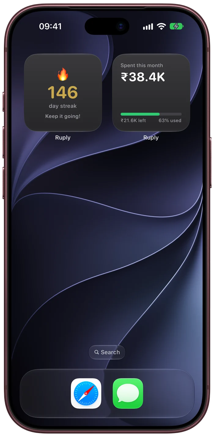 Ruply streak and budget widgets on the Home Screen